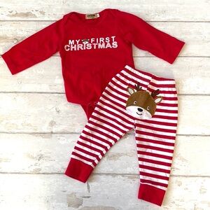 Baby 18m Unisex My First Christmas Outfit Reindeer Red White Stripes Bodysuit